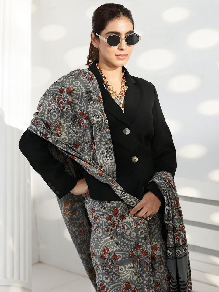 Charcoal Grey Swirl Printed Cotton Saree