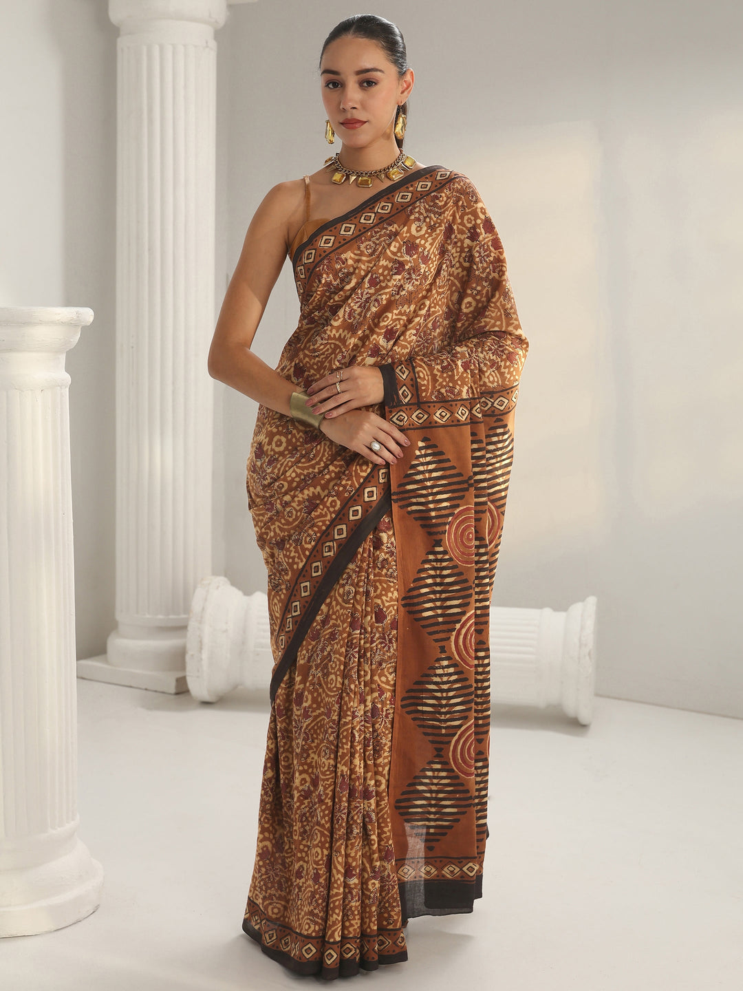 Brown Bagru Print Cotton Saree