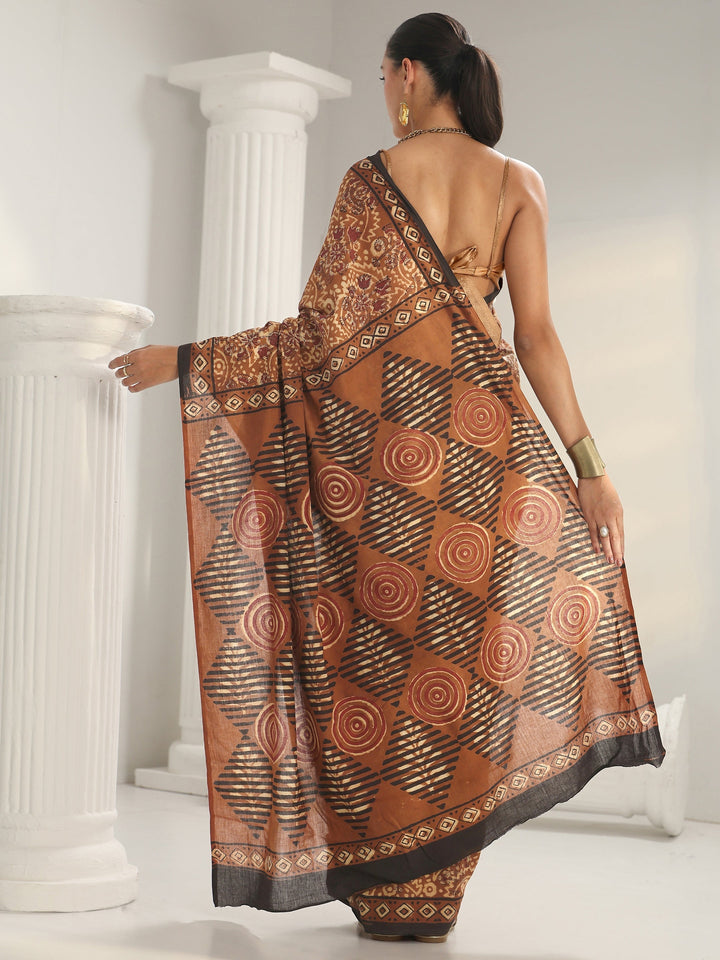 Brown Bagru Print Cotton Saree