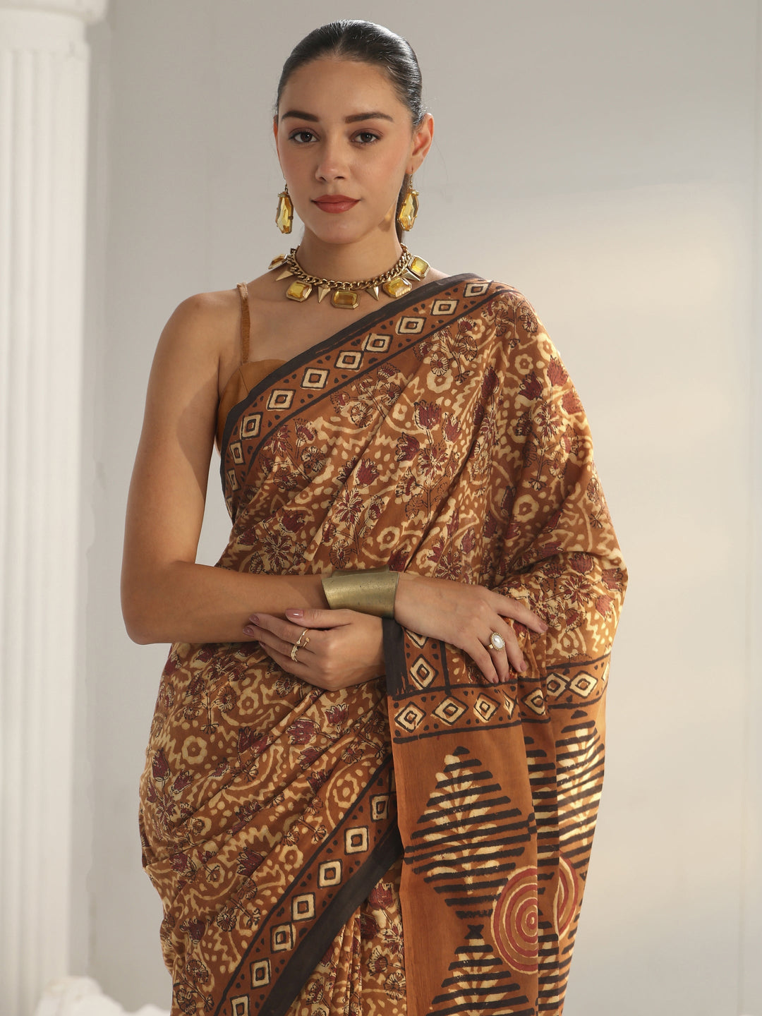 Brown Bagru Print Cotton Saree