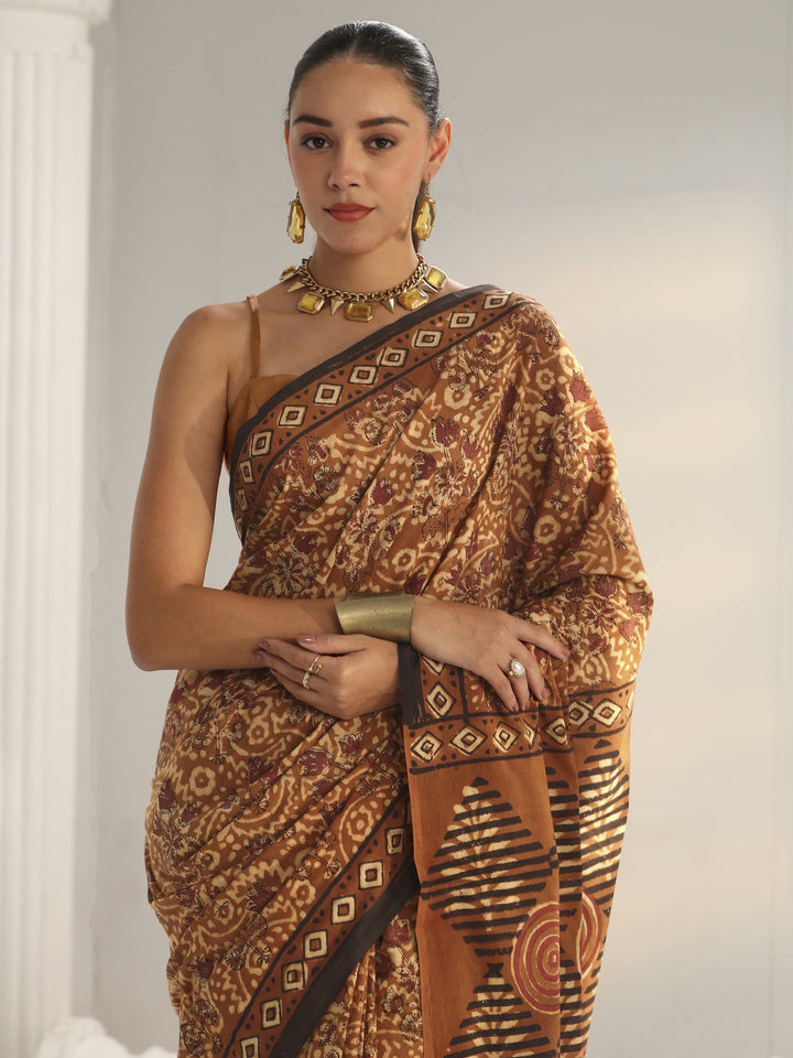 Brown Bagru Print Cotton Saree