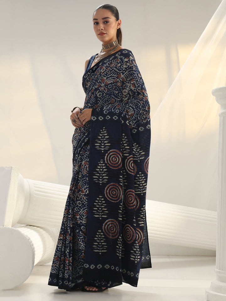 Indigo Bagru Print Cotton Saree