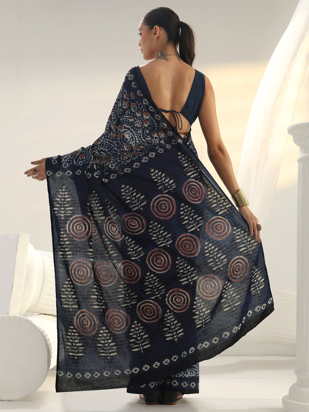 Indigo Bagru Print Cotton Saree