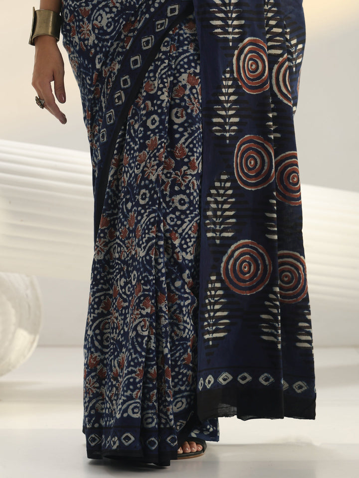 Indigo Bagru Print Cotton Saree