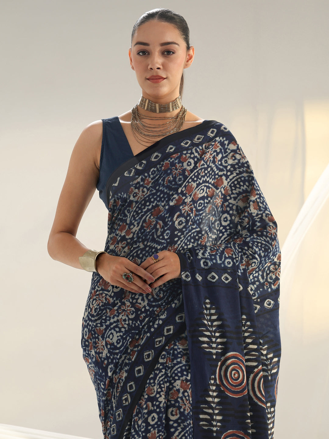 Indigo Bagru Print Cotton Saree