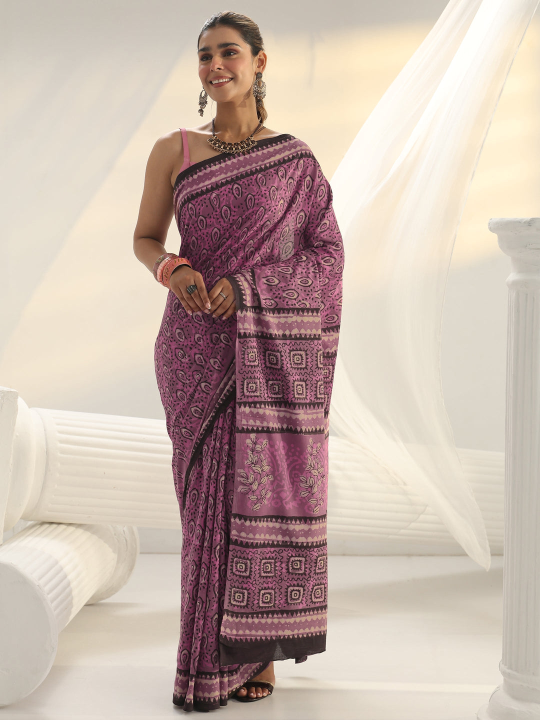 Pink Dabu Print Cotton Saree
