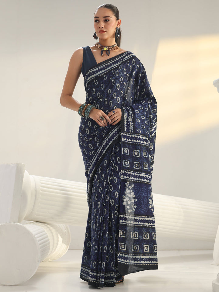Indigo Dabu Print Cotton Saree