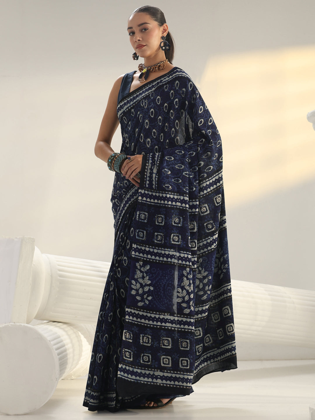 Indigo Dabu Print Cotton Saree