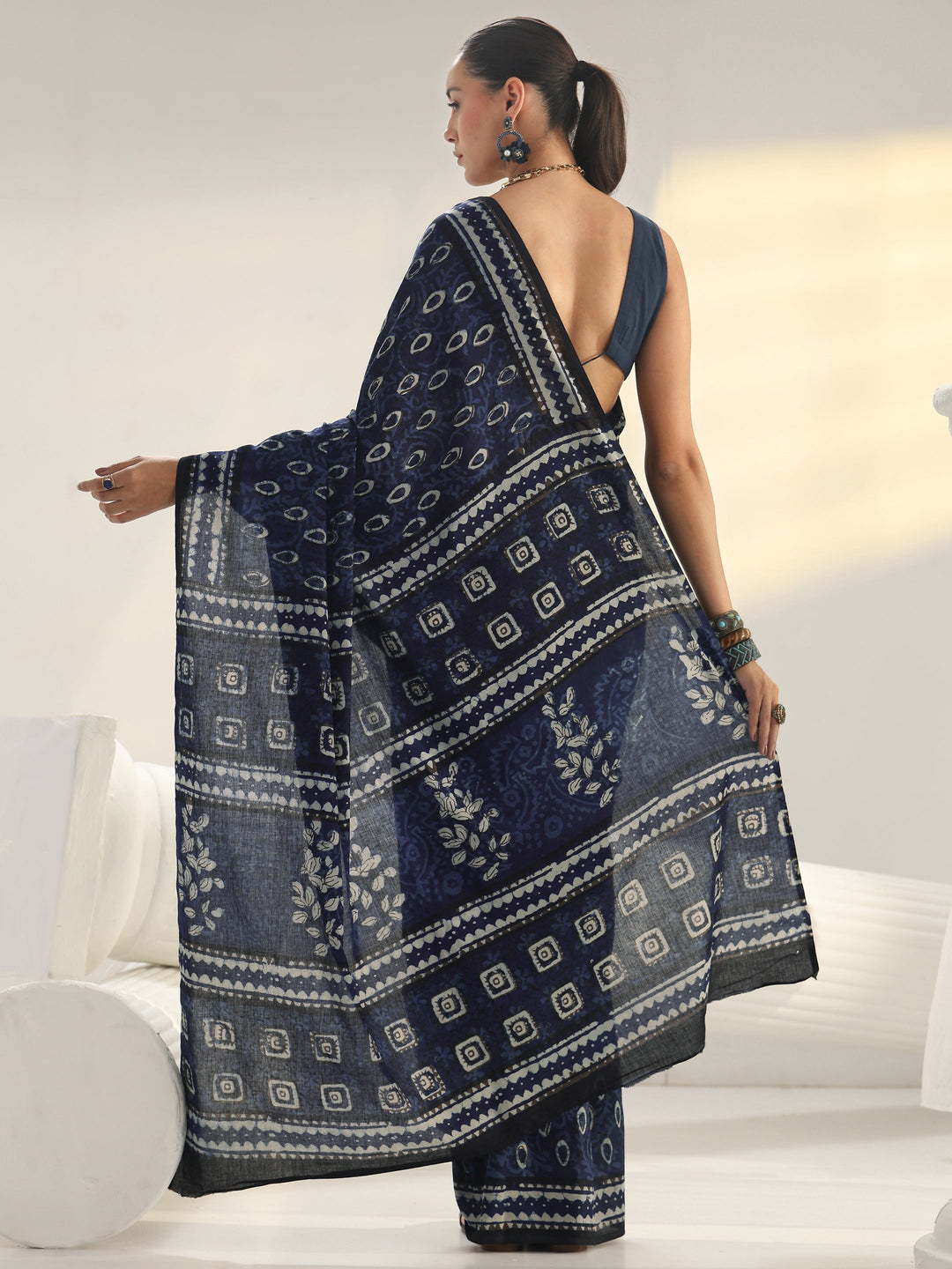 Indigo Dabu Print Cotton Saree