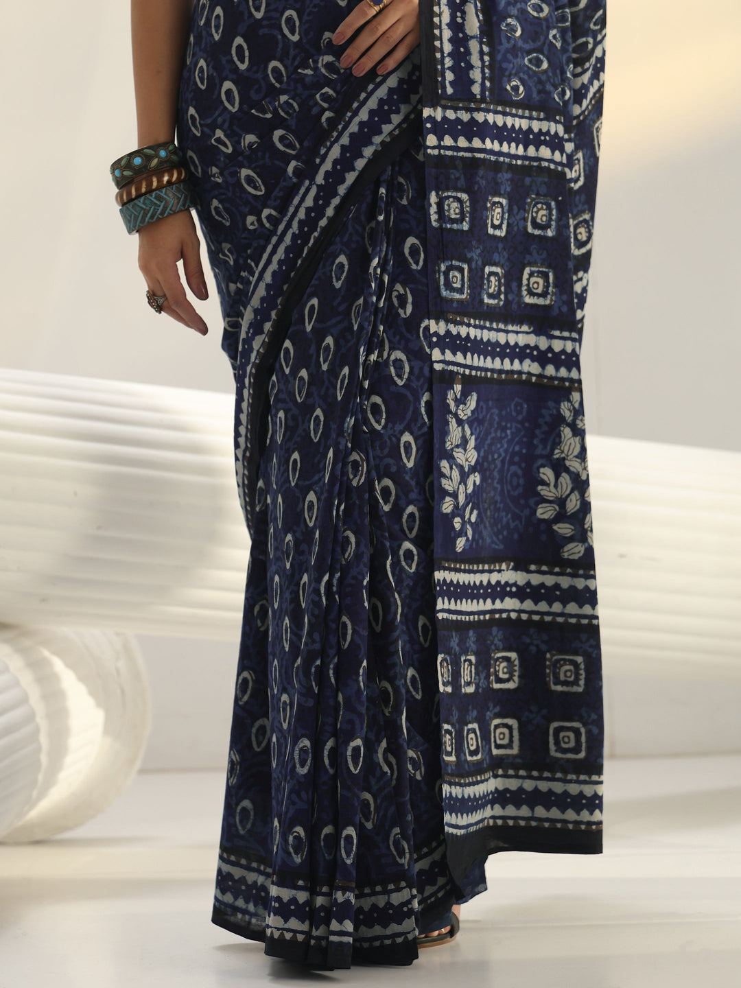 Indigo Dabu Print Cotton Saree