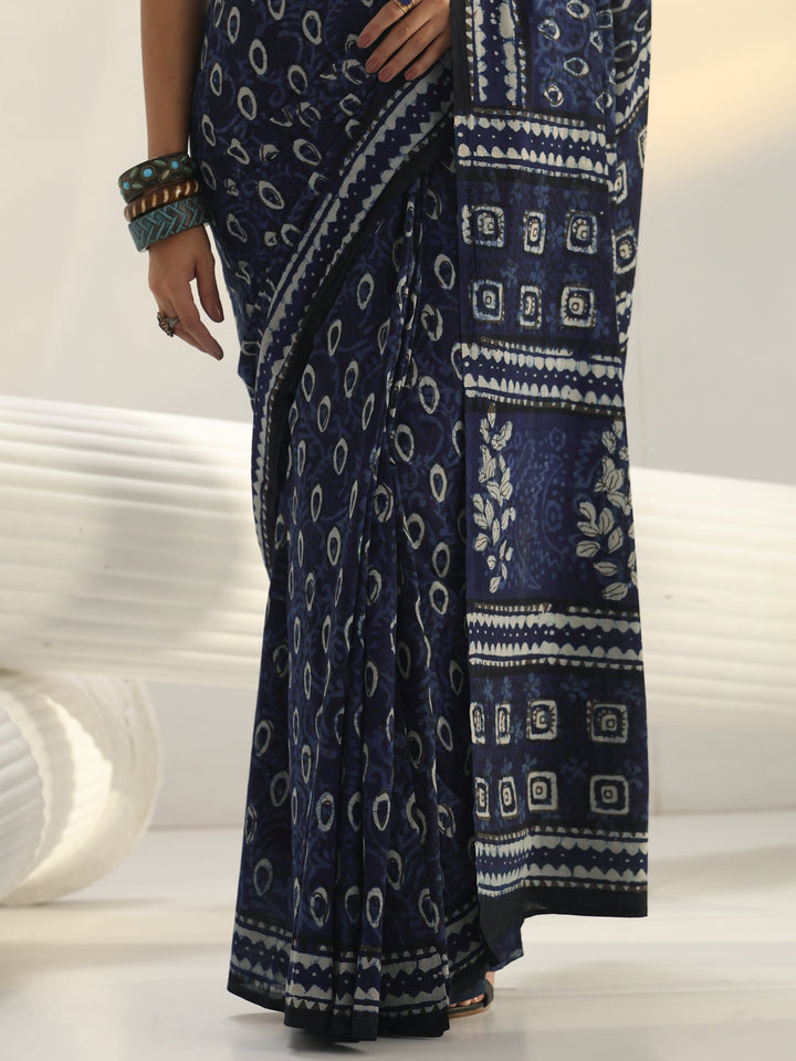 Indigo Dabu Print Cotton Saree