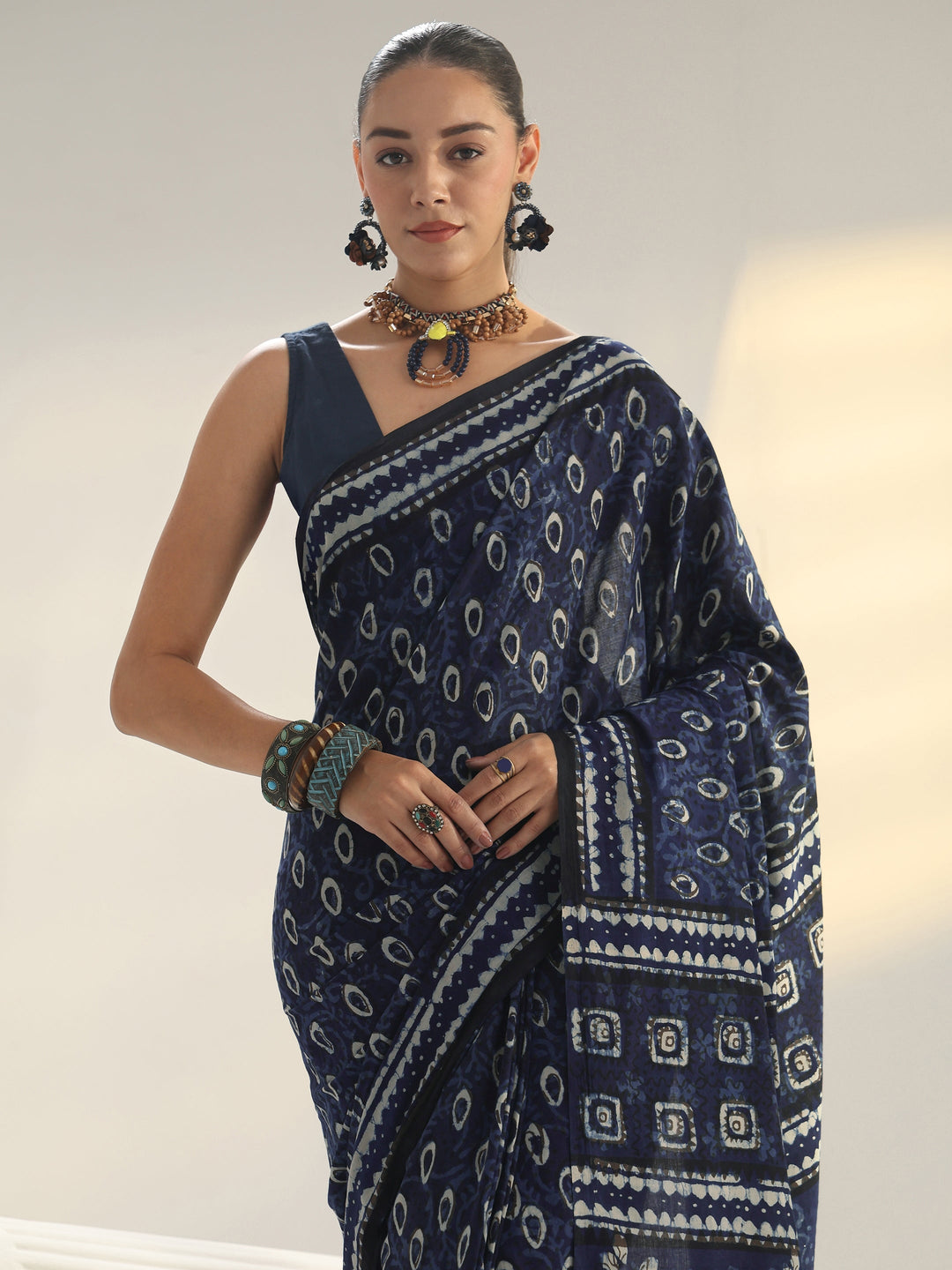 Indigo Dabu Print Cotton Saree