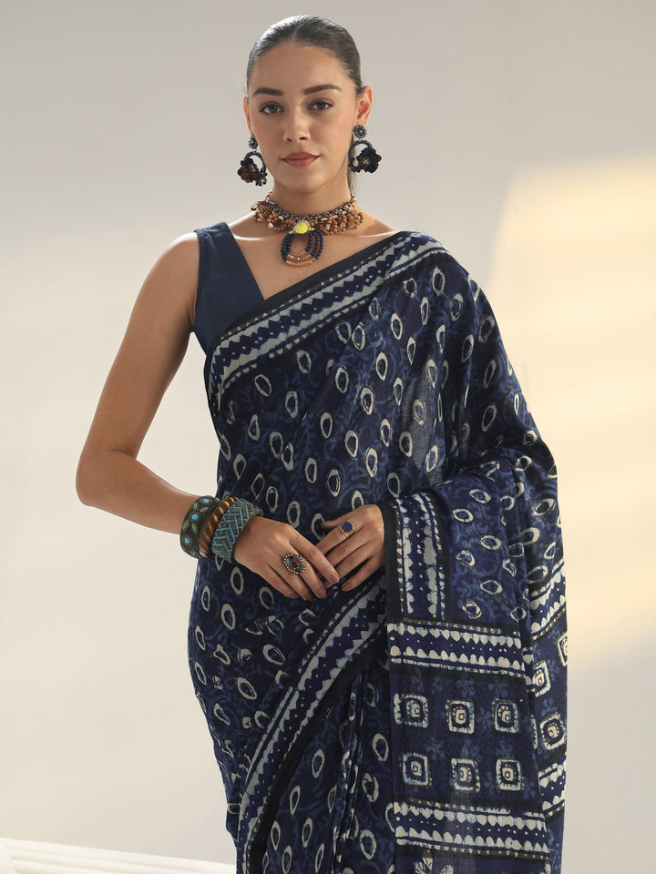 Indigo Dabu Print Cotton Saree