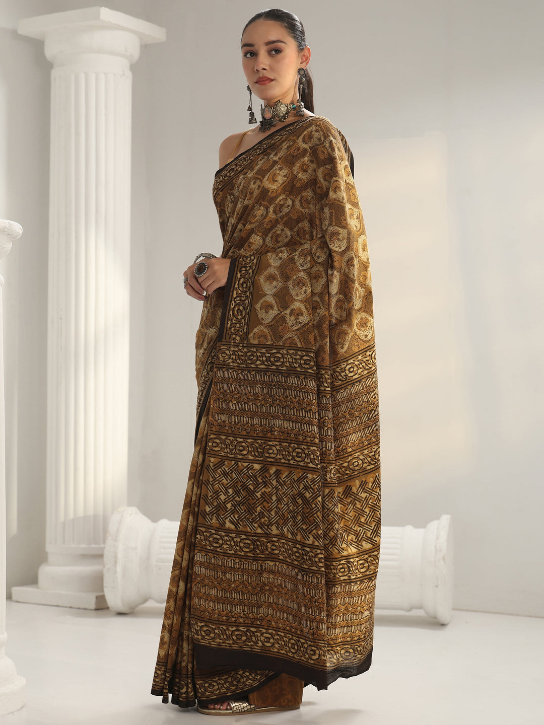 Green Bagru Print Cotton Saree
