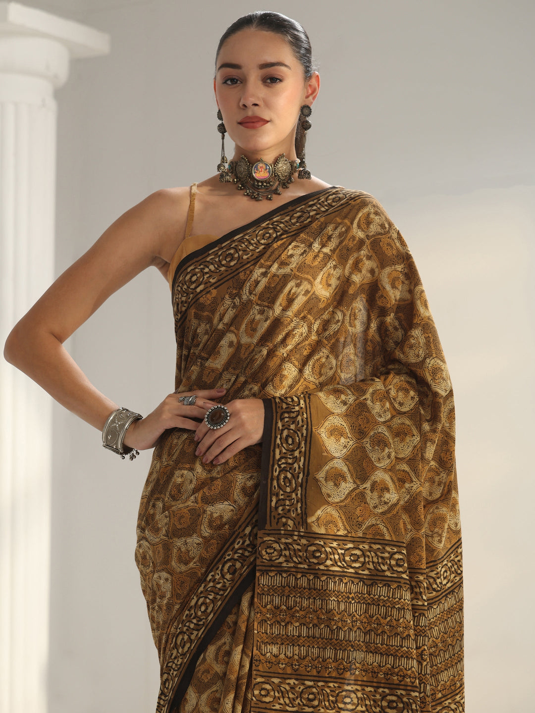 Green Bagru Print Cotton Saree
