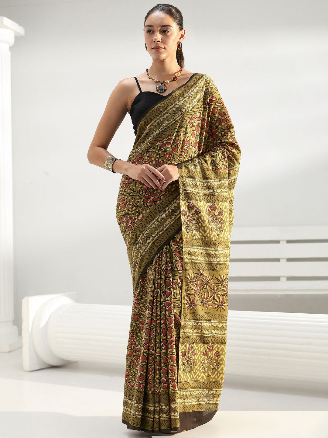 Henna Green Floral Dabu Print Cotton Saree