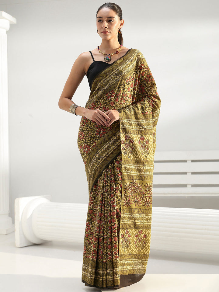 Henna Green Floral Dabu Print Cotton Saree