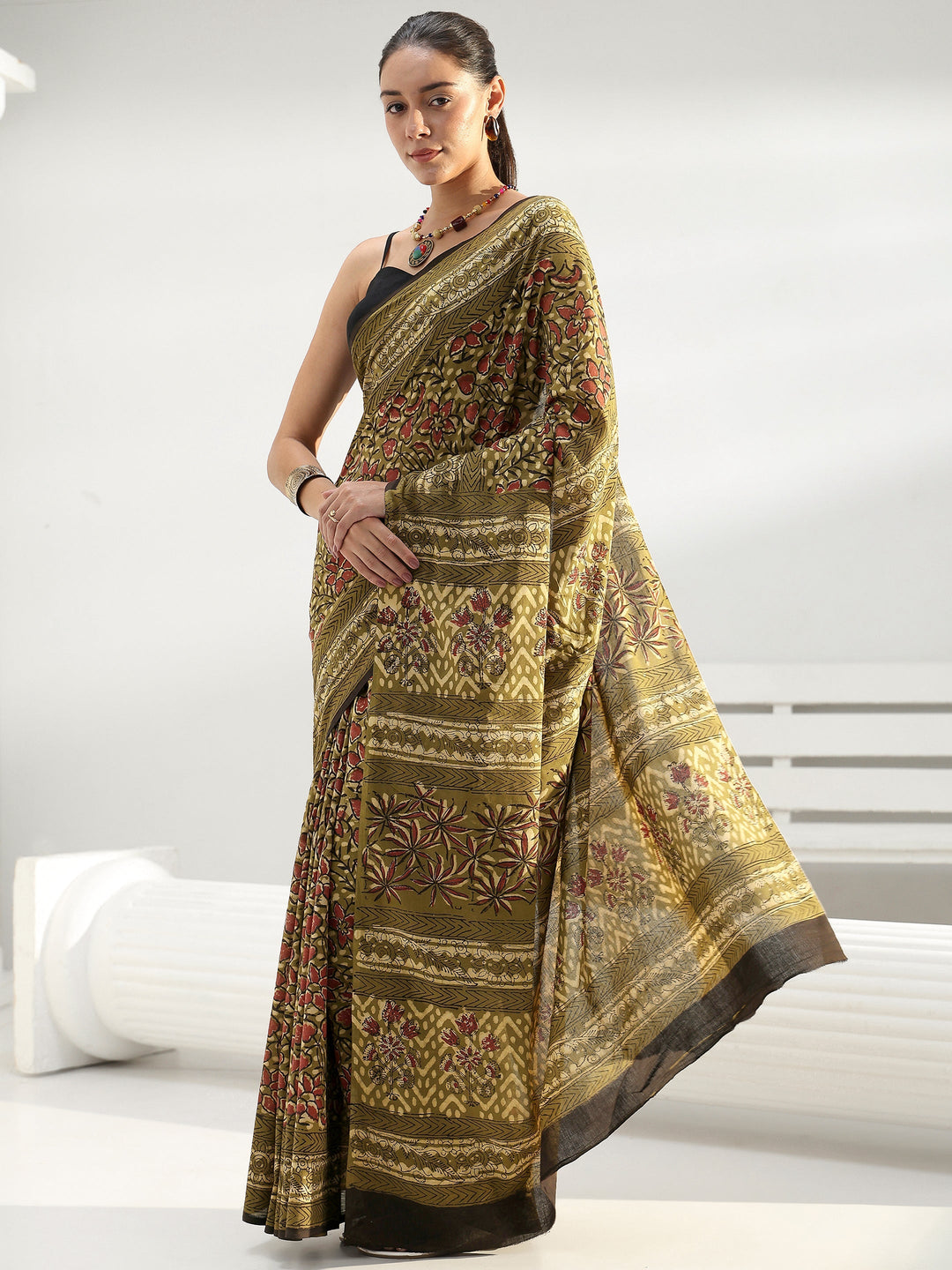 Henna Green Floral Dabu Print Cotton Saree