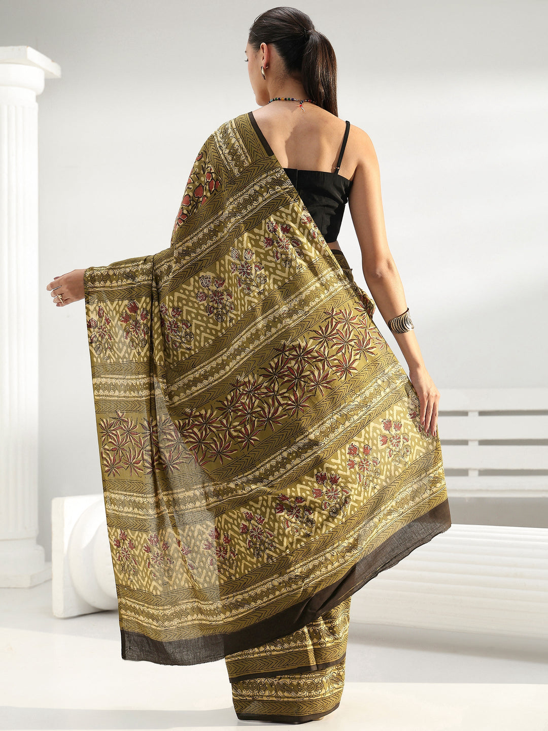 Henna Green Floral Dabu Print Cotton Saree