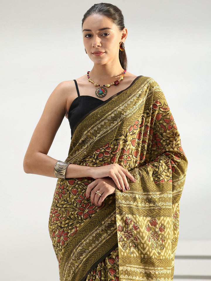 Henna Green Floral Dabu Print Cotton Saree
