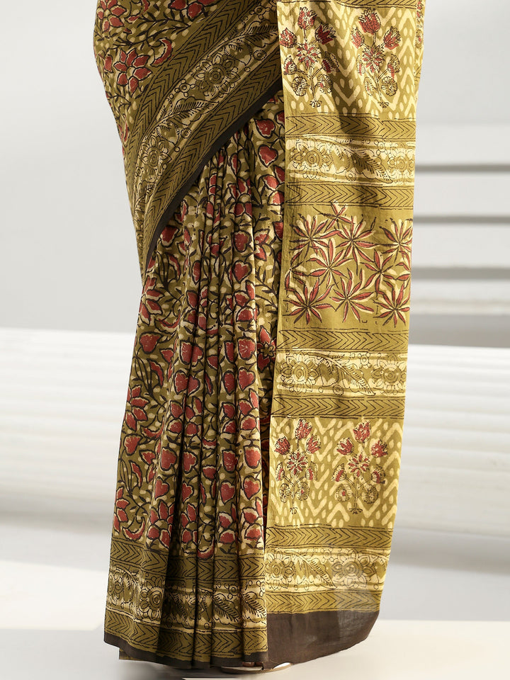 Henna Green Floral Dabu Print Cotton Saree