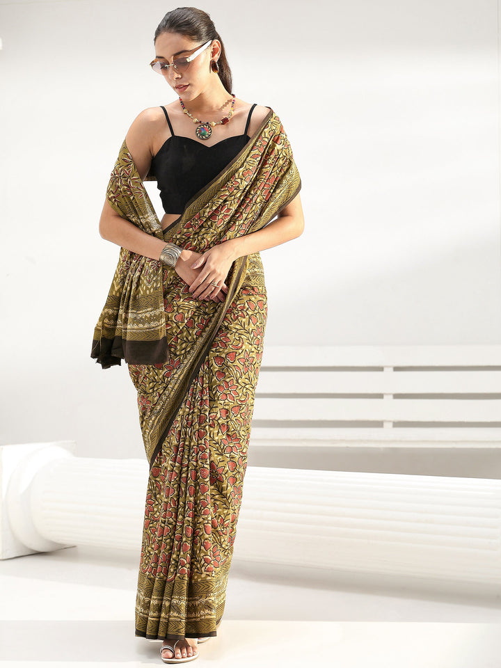 Henna Green Floral Dabu Print Cotton Saree