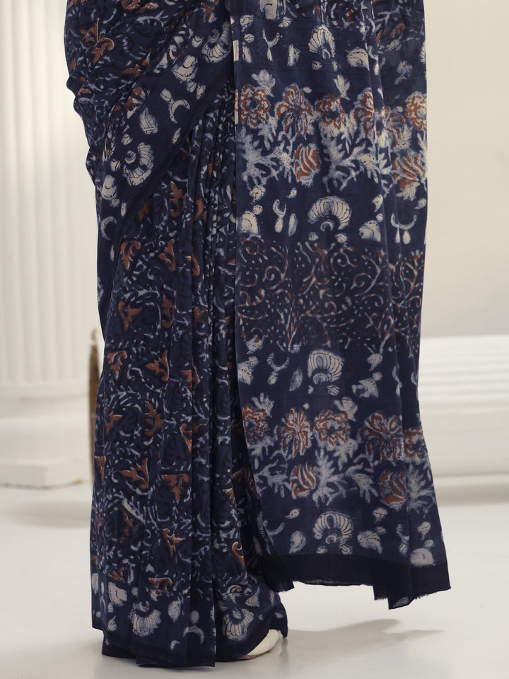 Indigo Dabu Print Cotton Saree