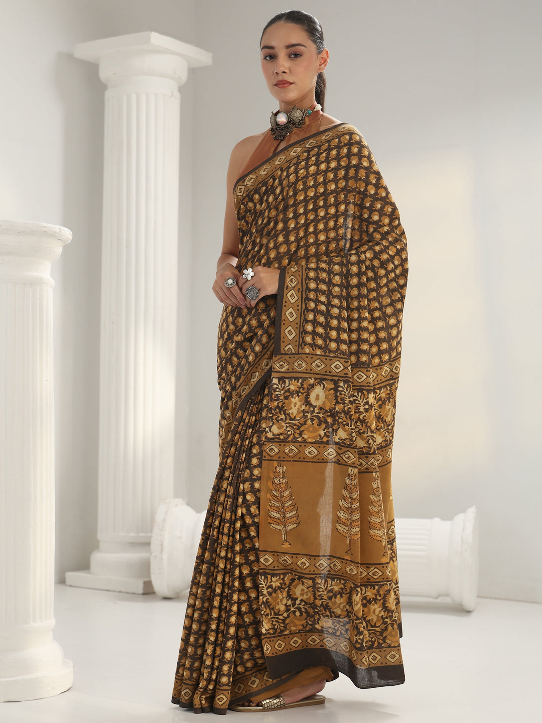 Mustard Dabu Print Cotton Saree