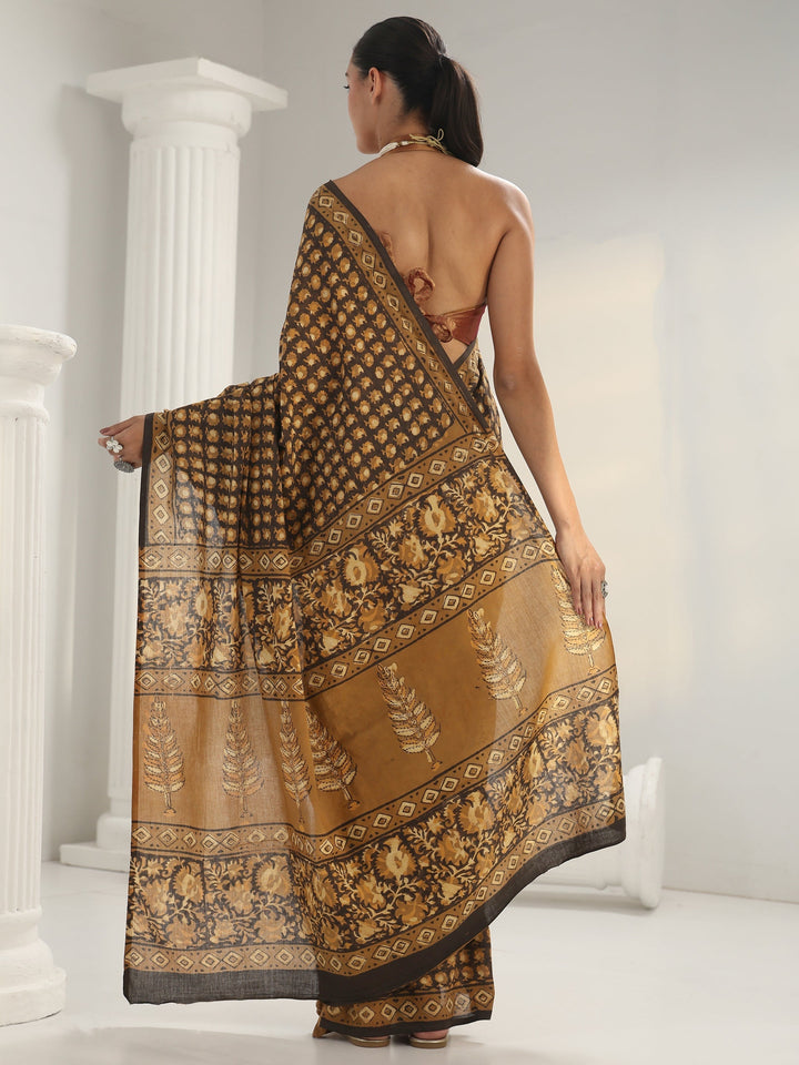 Mustard Dabu Print Cotton Saree