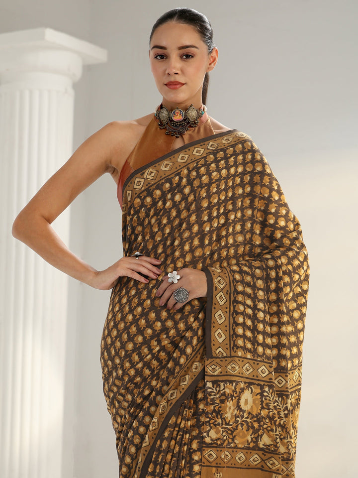 Mustard Dabu Print Cotton Saree