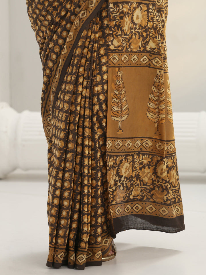 Mustard Dabu Print Cotton Saree