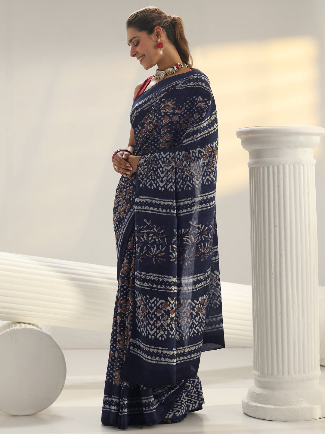 Indigo Dabu Print Cotton Saree