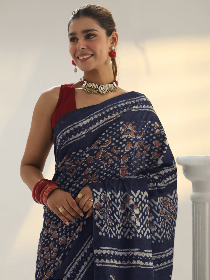 Indigo Dabu Print Cotton Saree