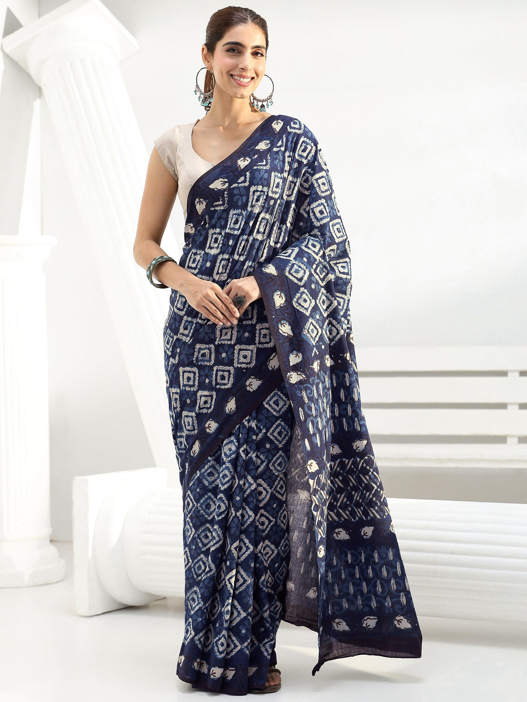 Indigo Geometric Dabu Print Cotton Saree