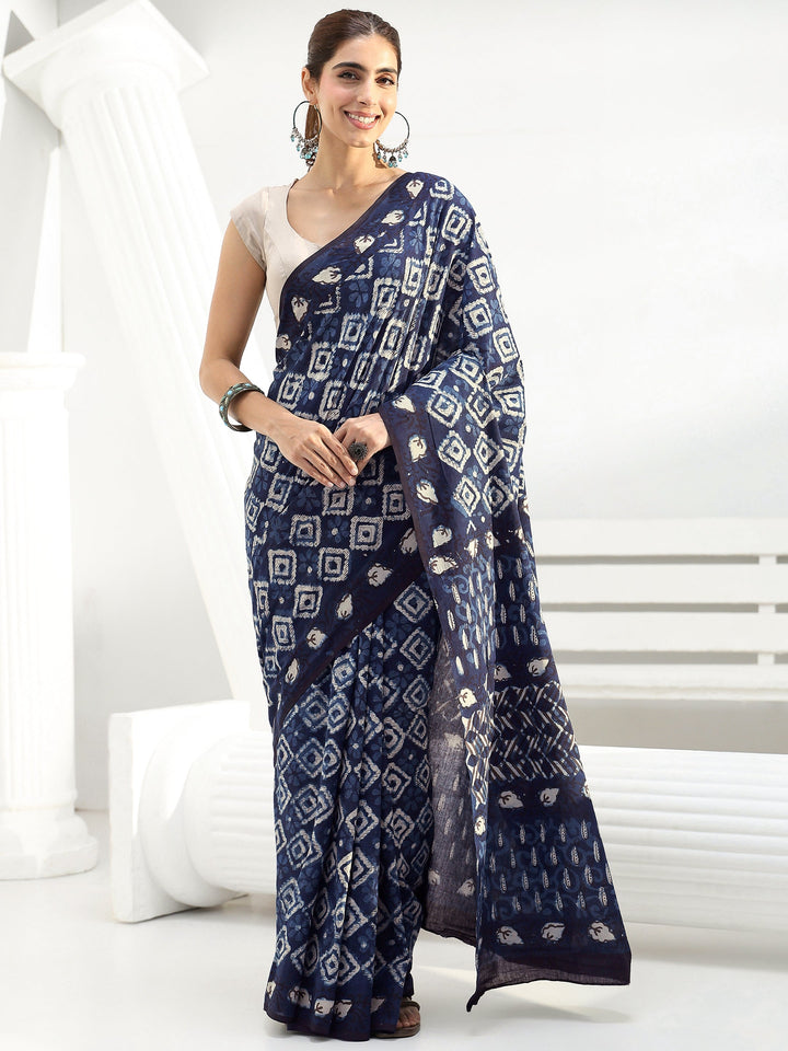 Indigo Geometric Dabu Print Cotton Saree