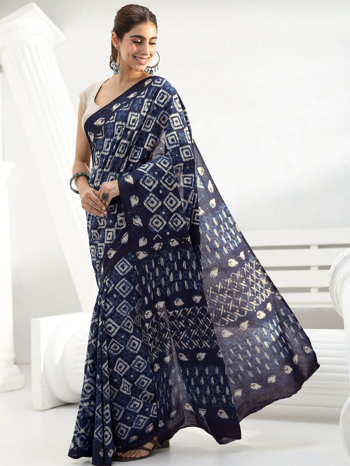 Indigo Geometric Dabu Print Cotton Saree