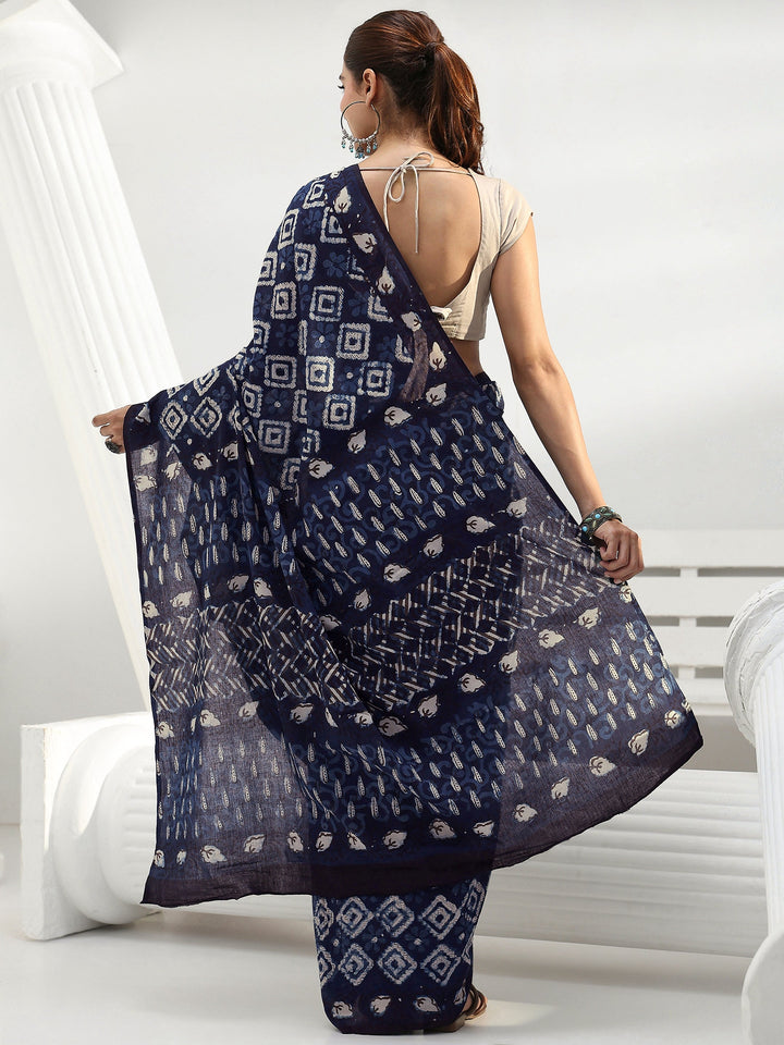 Indigo Geometric Dabu Print Cotton Saree