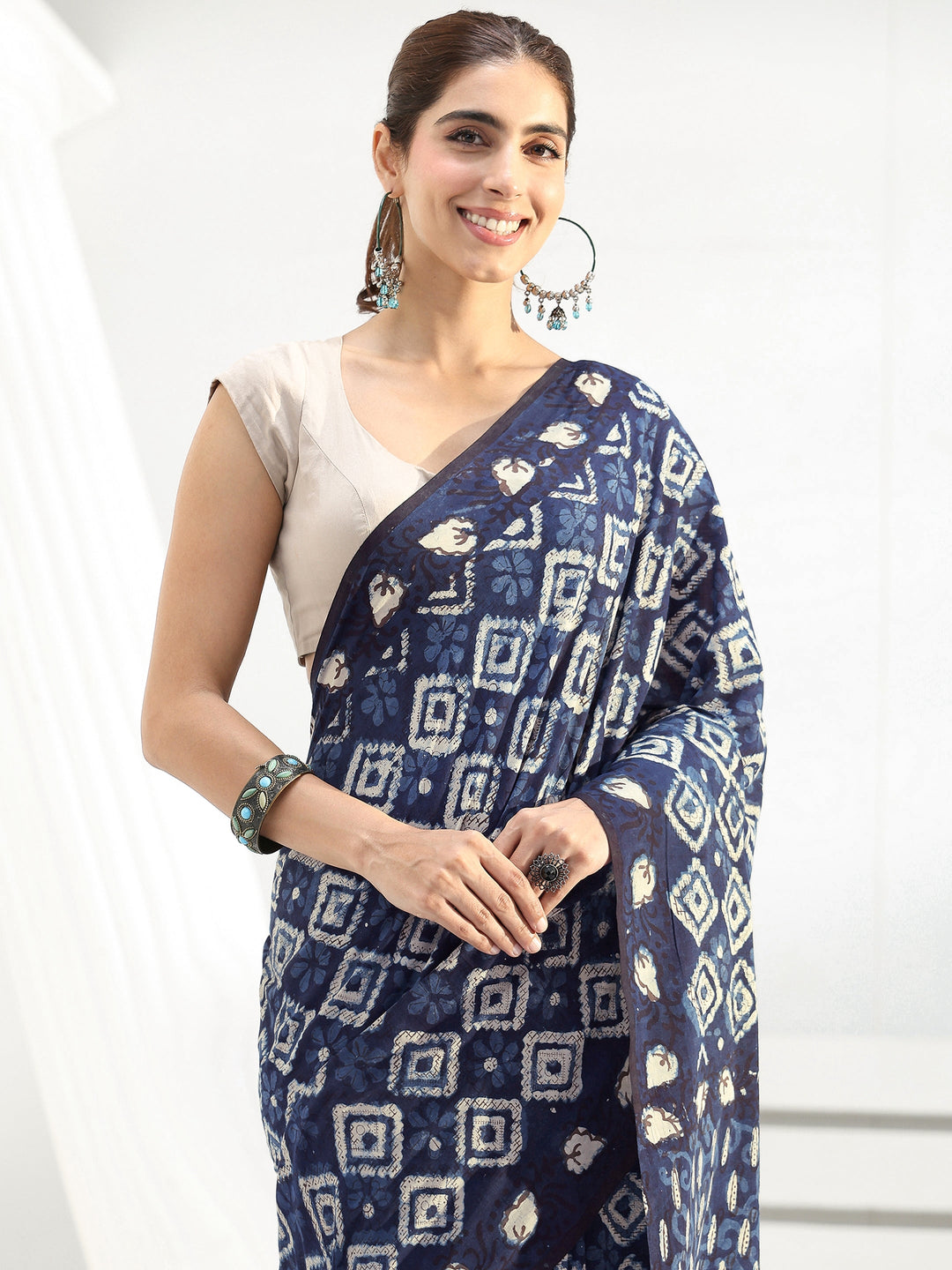 Indigo Geometric Dabu Print Cotton Saree