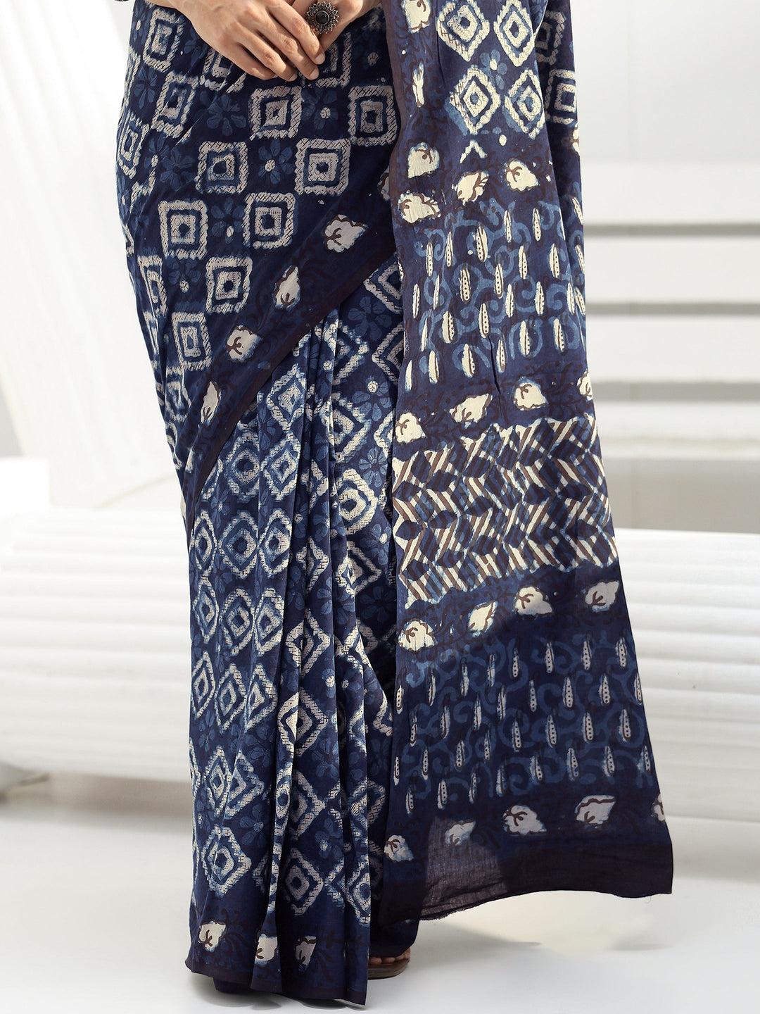 Indigo Geometric Dabu Print Cotton Saree