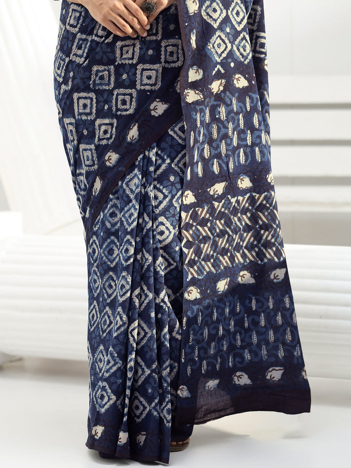 Indigo Geometric Dabu Print Cotton Saree