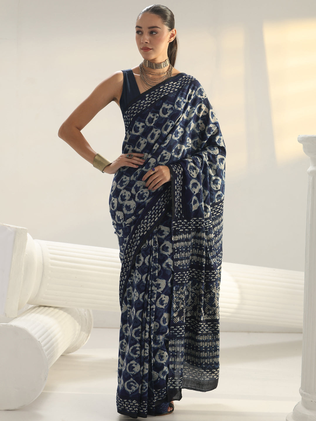 Indigo Bagru Print Cotton Saree