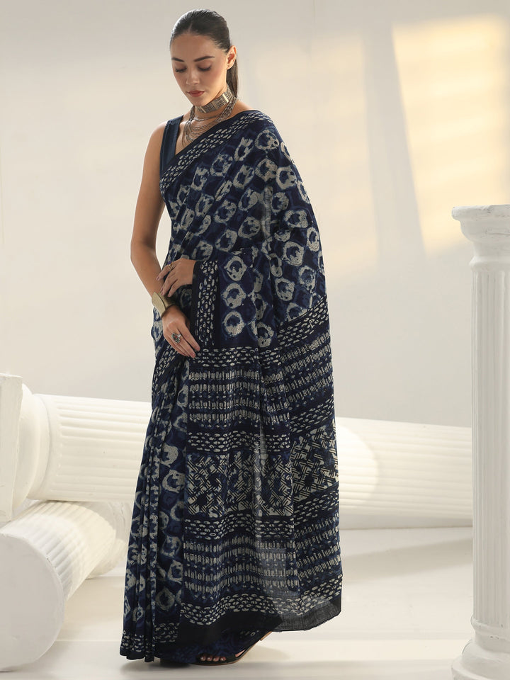 Indigo Bagru Print Cotton Saree