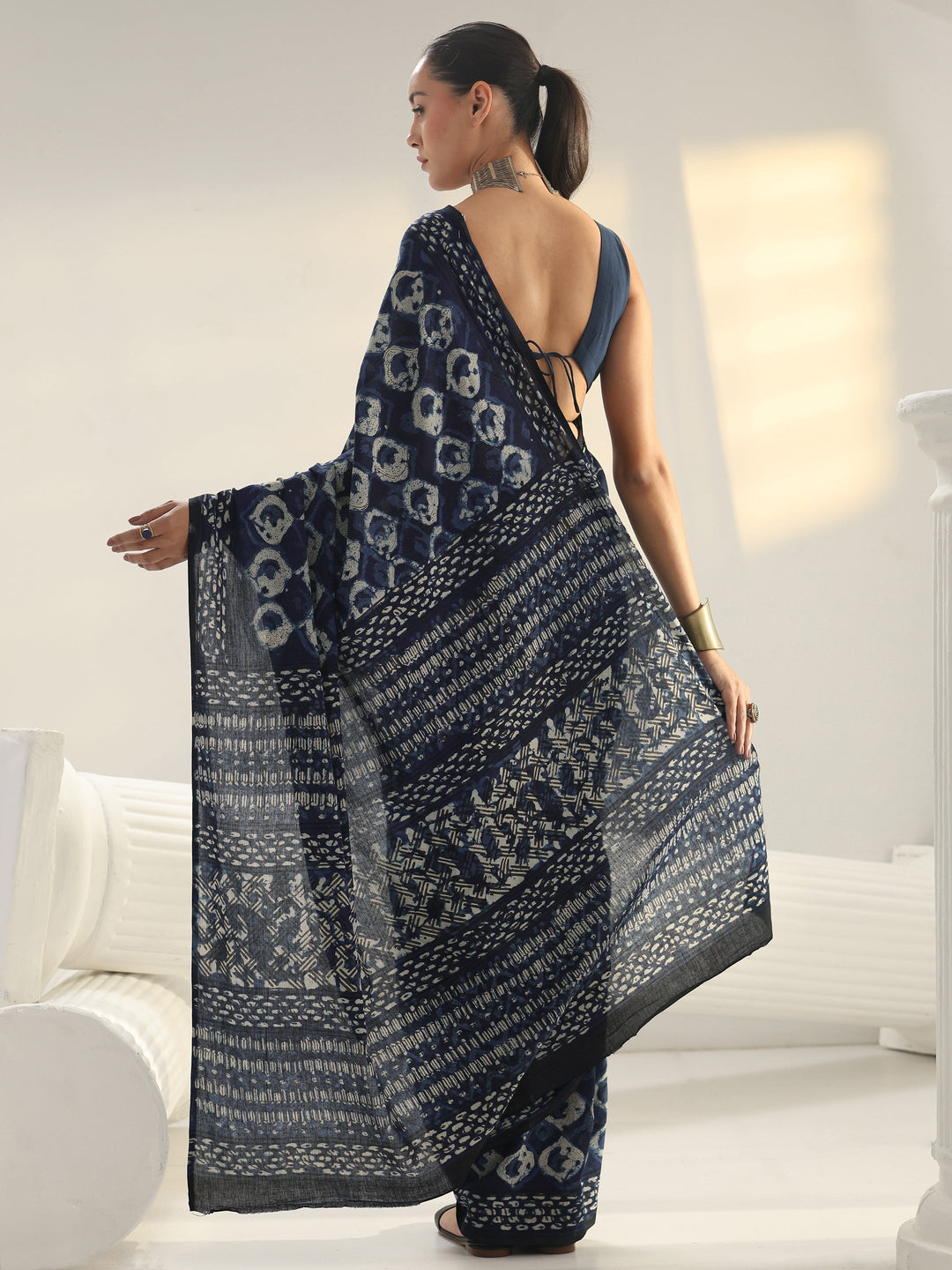 Indigo Bagru Print Cotton Saree