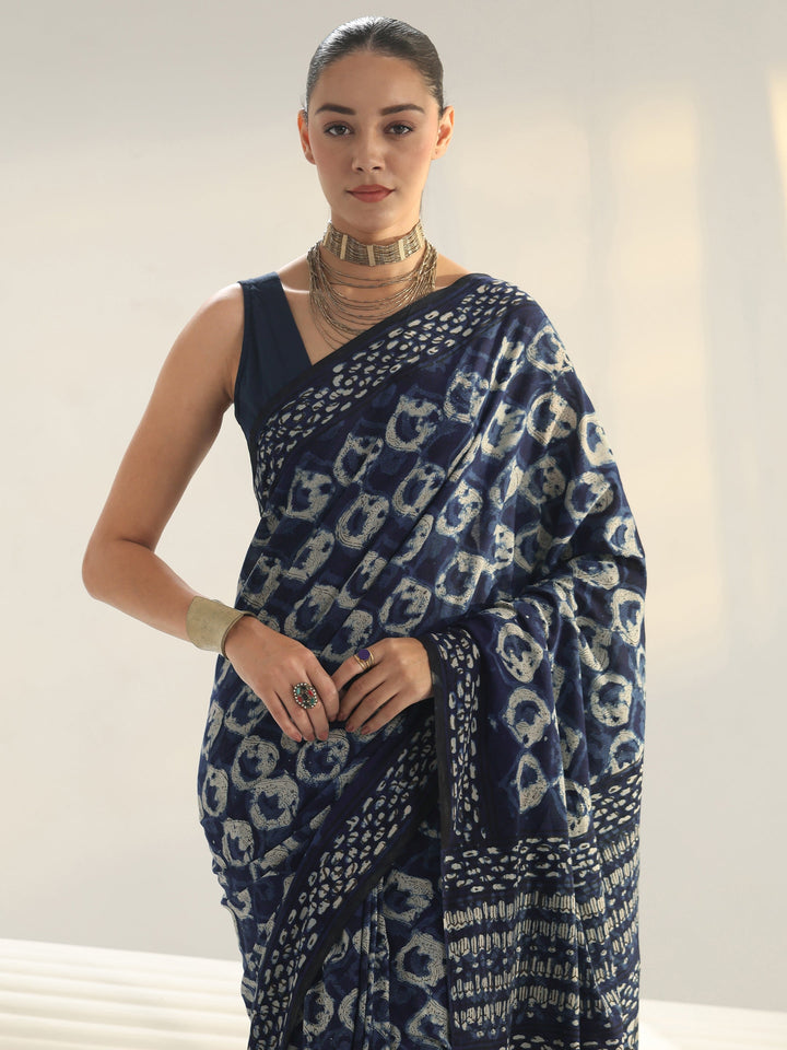 Indigo Bagru Print Cotton Saree