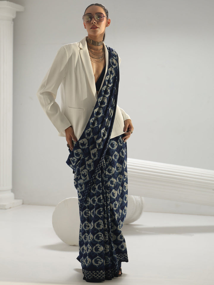Indigo Bagru Print Cotton Saree