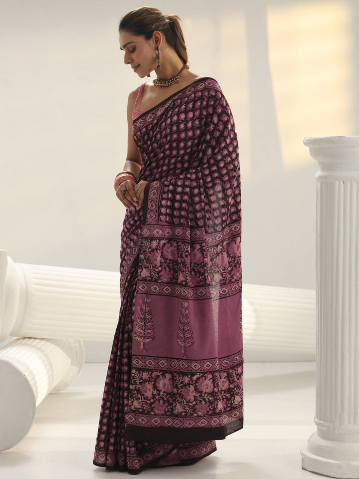 Black Dabu Print Cotton Saree