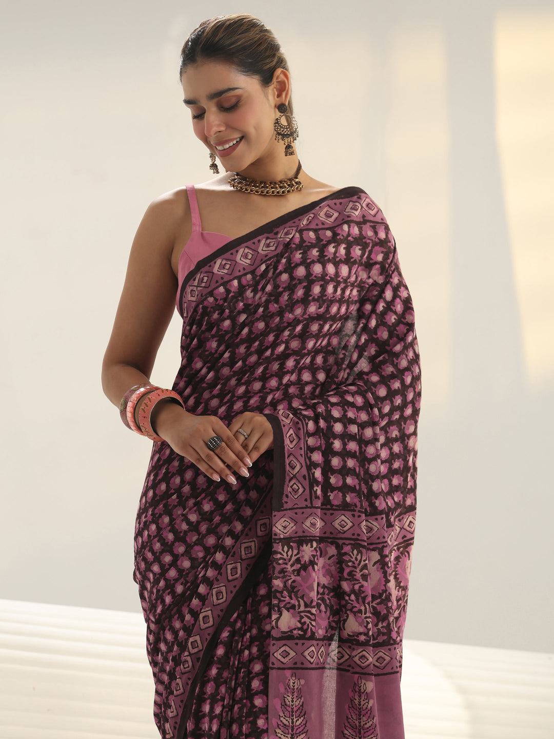 Black Dabu Print Cotton Saree