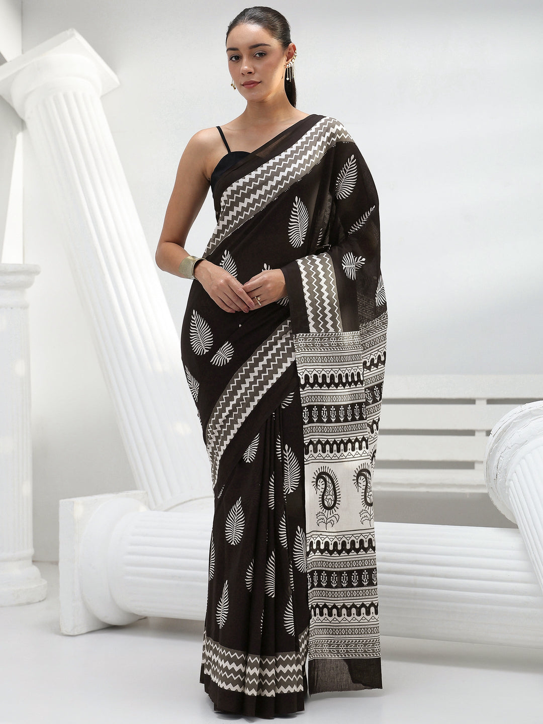 Black Floral Printed Cotton Saree