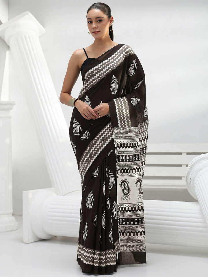 Black Floral Printed Cotton Saree