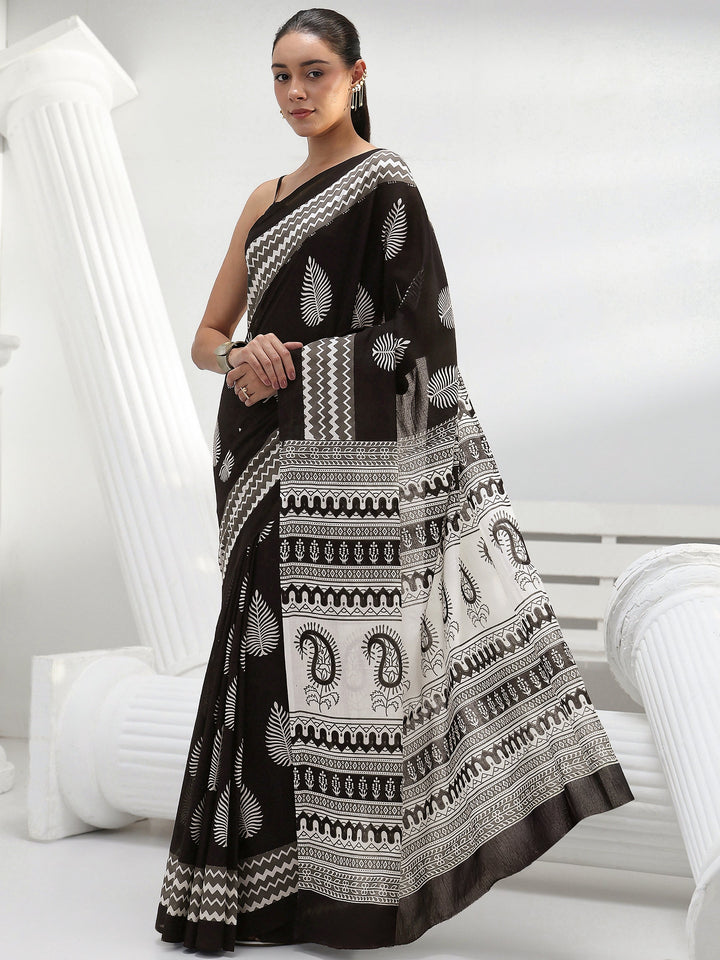 Black Floral Printed Cotton Saree